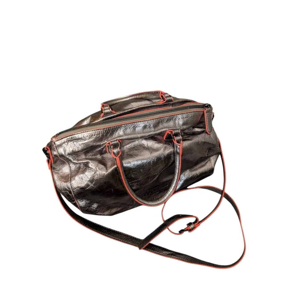 Liebeskind Berlin Metallic Bronze Leather Satchel Bag Neon Orange Trim Crossbody